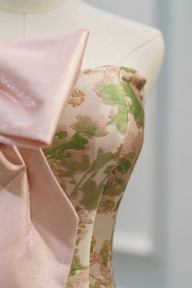 Strapless Aline Skater Dress with Bow Detail - Spring Garden Jacquard