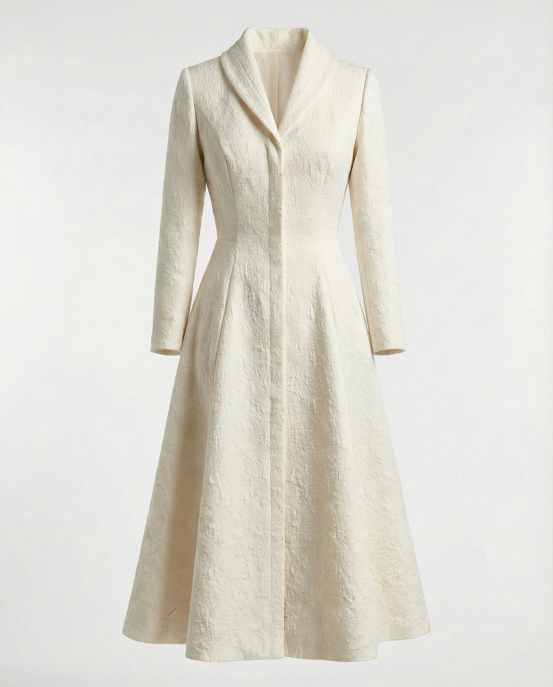 Ivory Structured Coat Dress with Bias-Cut Shawl Collar