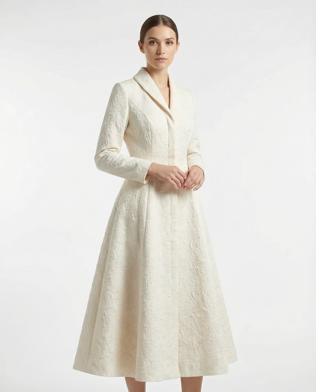 Ivory Structured Coat Dress with Bias-Cut Shawl Collar