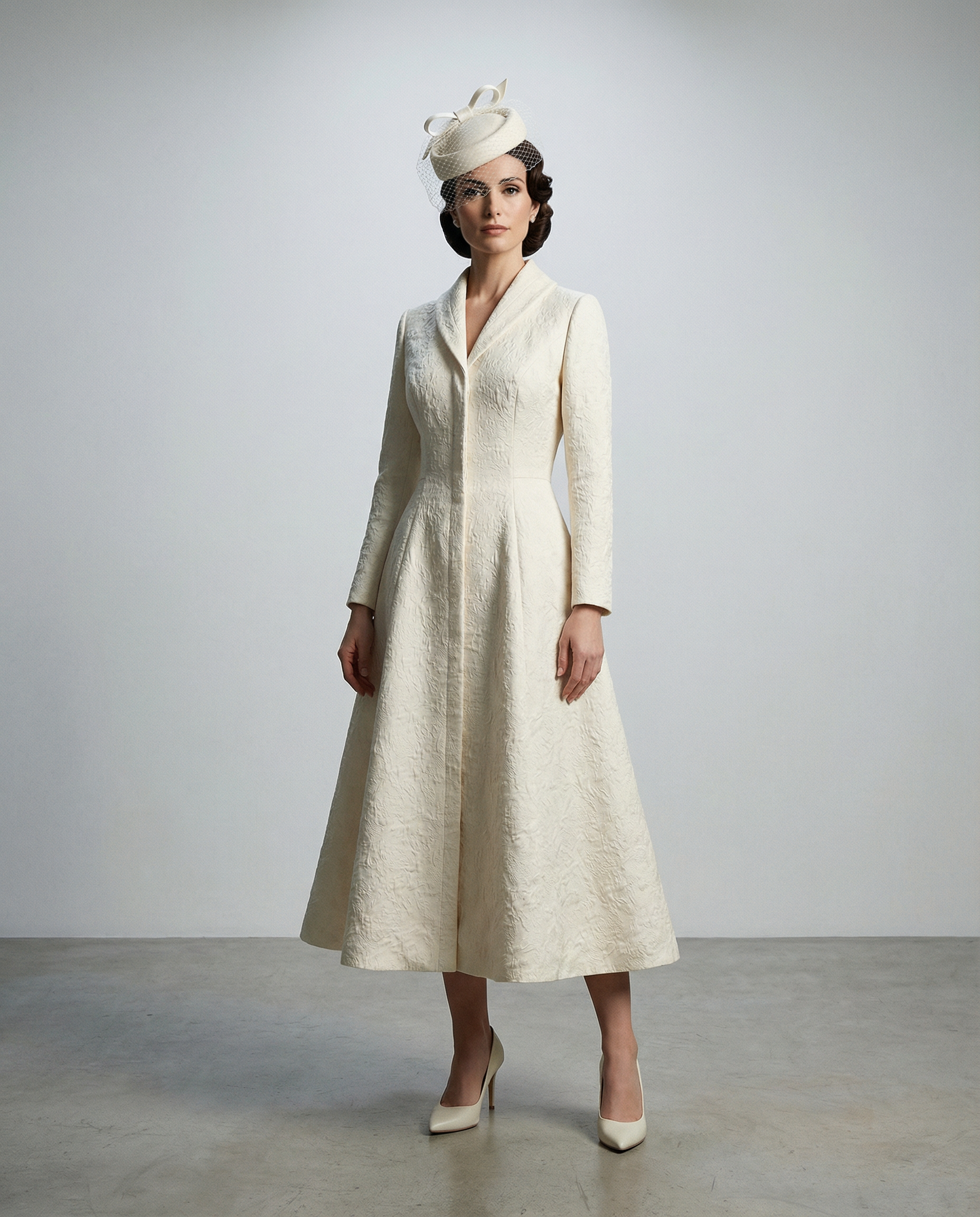 Ivory Structured Coat Dress with Bias-Cut Shawl Collar