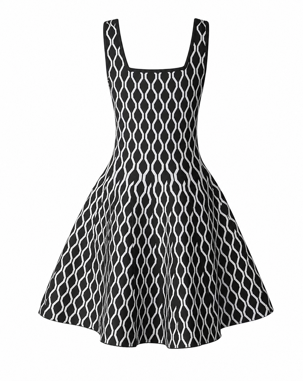 Zalinah White Knitted Fit & Flare Black and Ivory Geometric Mini Dress
