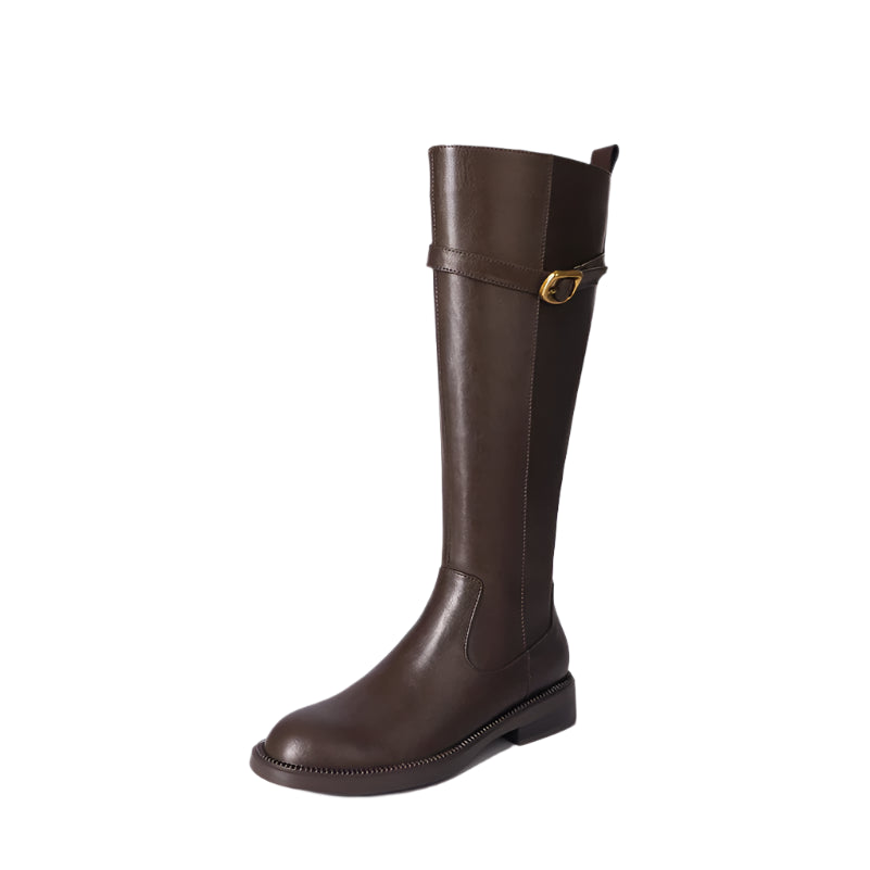Leather Knee-High Riding Boots with Side Buckle & Flat Sole – Round Toe