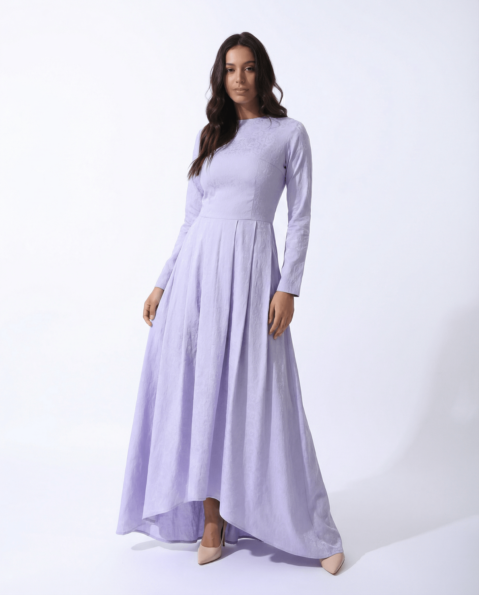 Long Sleeve Jacquard Maxi with Pleated Skirt
