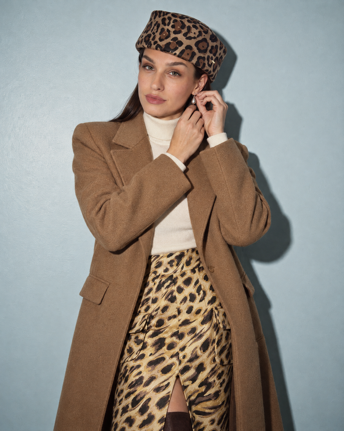 Leopard Print Pillbox Hat 100% Wool Adjustable