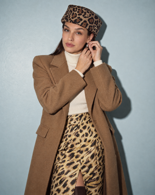 Leopard Print Pillbox Hat 100% Wool Adjustable