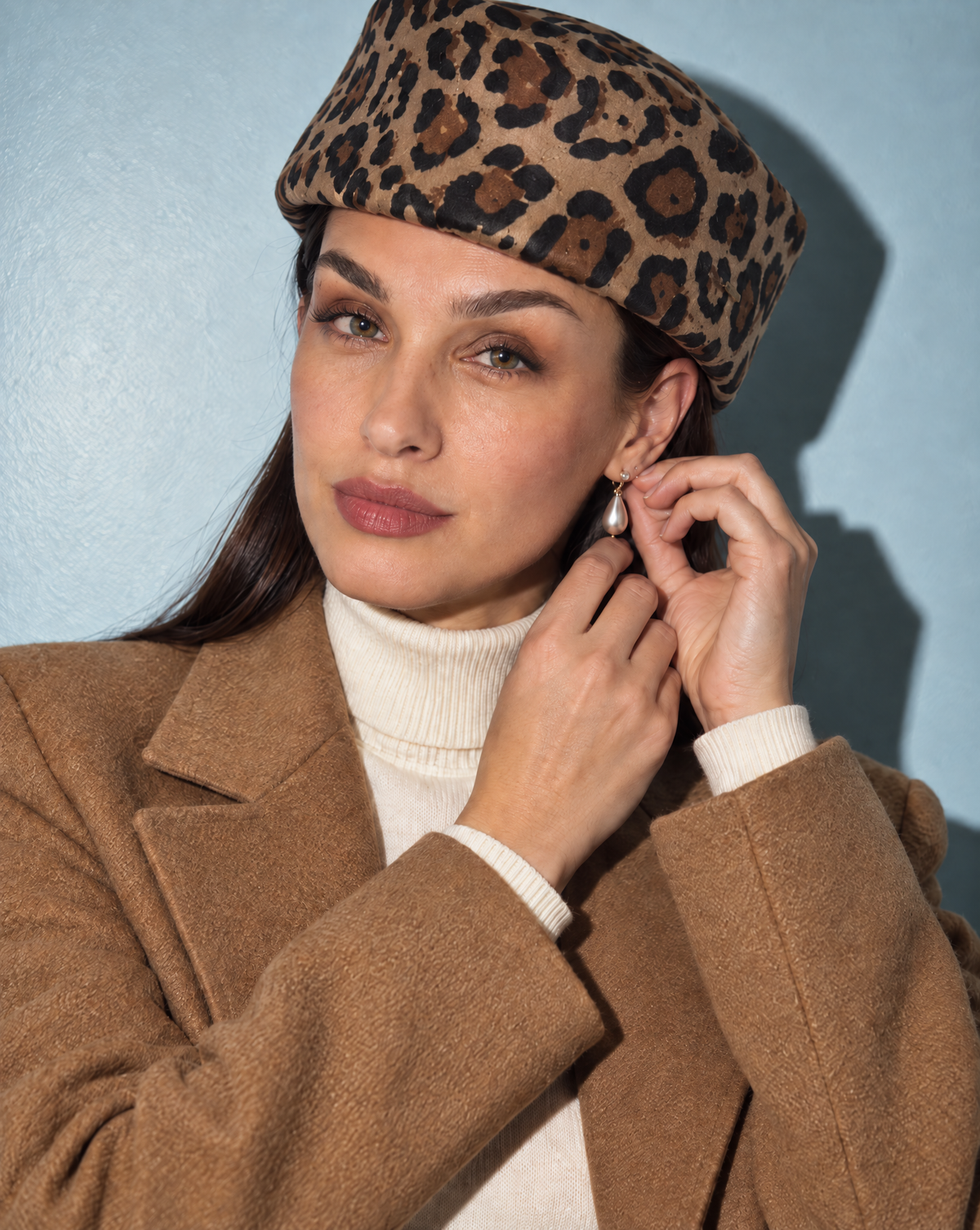 Leopard Print Pillbox Hat 100% Wool Adjustable