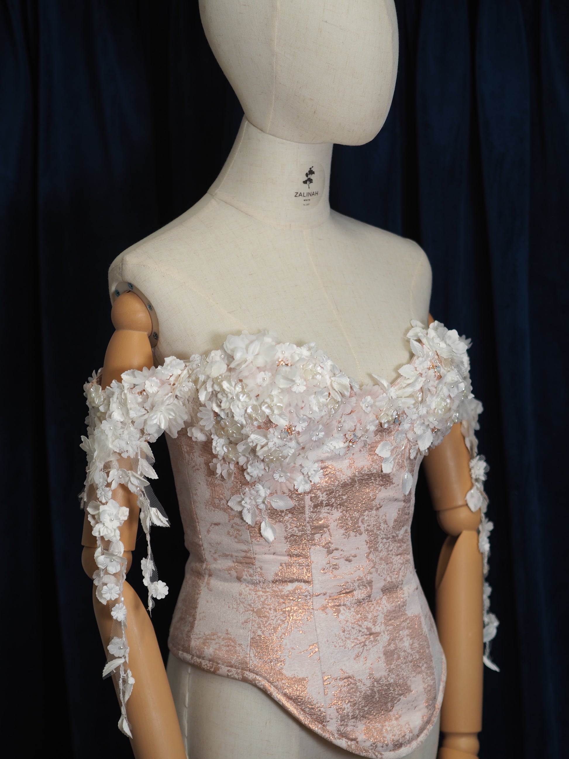 Rose Gold Metallic Jacquard Corset & Pleated Skirt Coord – Embellished 3D Floral Bustier