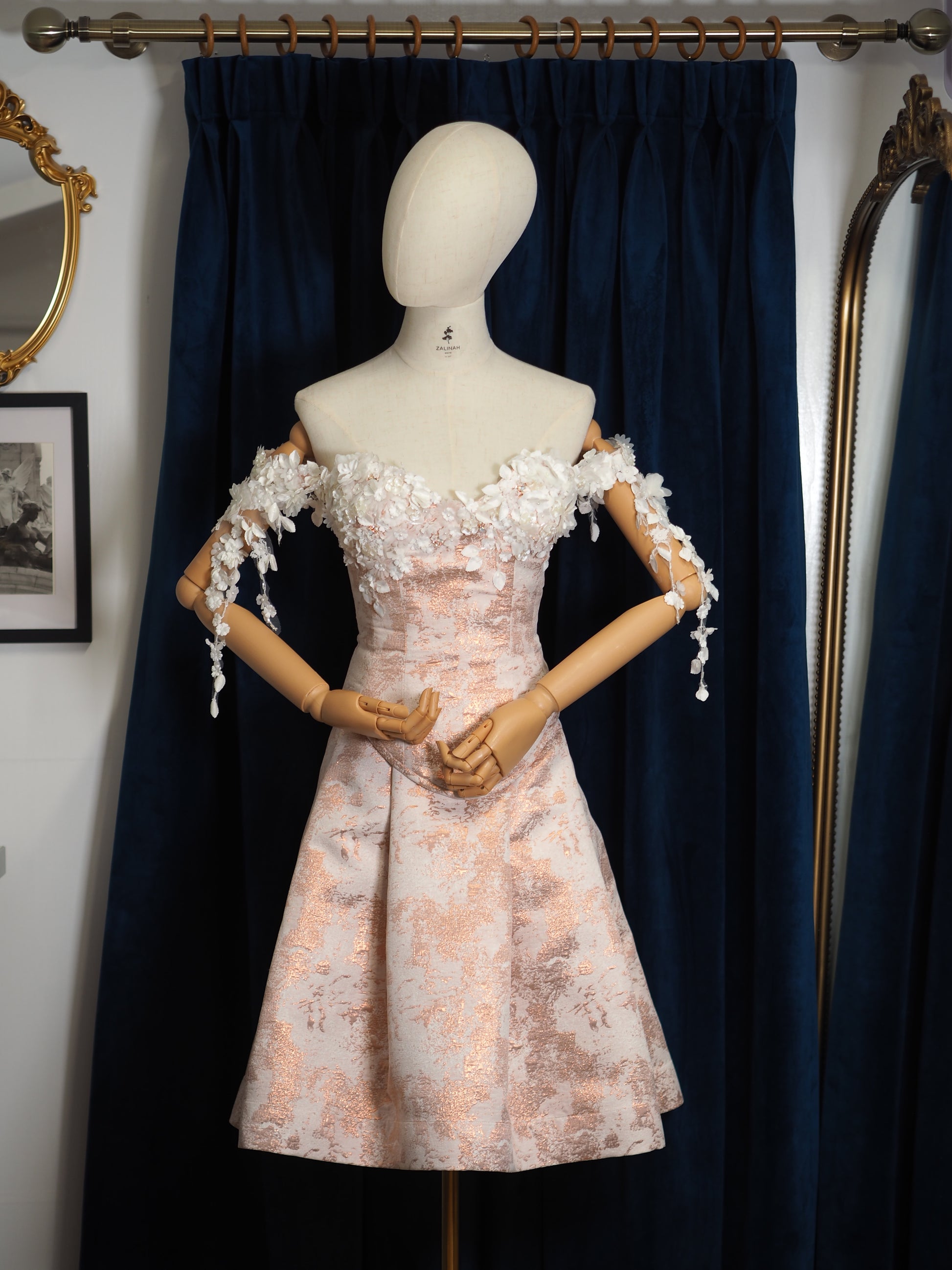 Rose Gold Metallic Jacquard Corset & Pleated Skirt Coord – Embellished 3D Floral Bustier