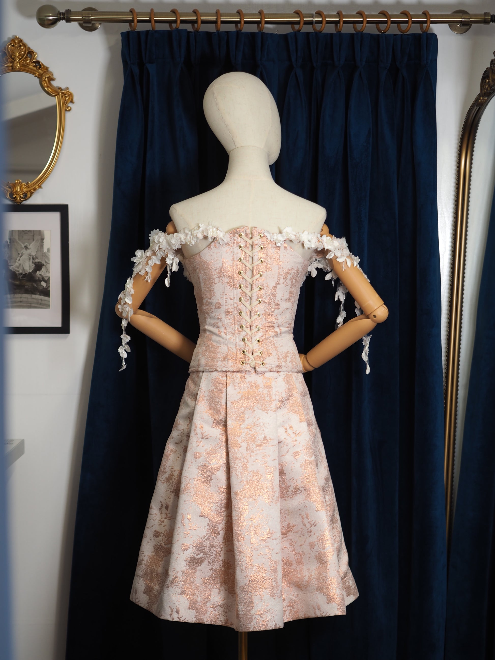 custom wedding corset london 
Rose Gold Metallic Jacquard Corset & Pleated Skirt Coord – Embellished 3D Floral Bustier