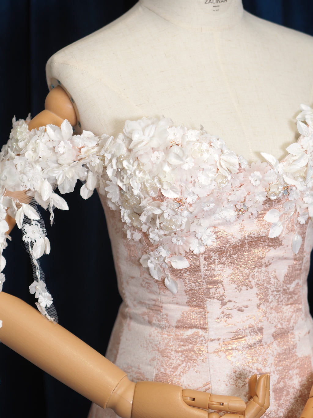 Rose Gold Metallic Jacquard Corset & Pleated Skirt Coord – Embellished 3D Floral Bustier