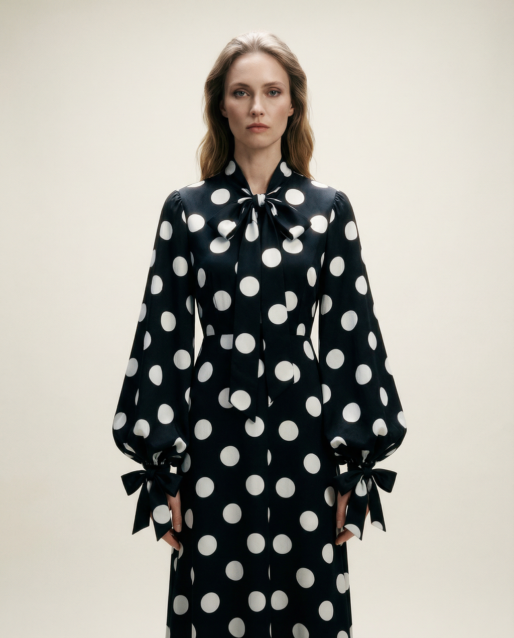 Polka-Dot Silk Maxi Dress with Pussy-Bow Neck