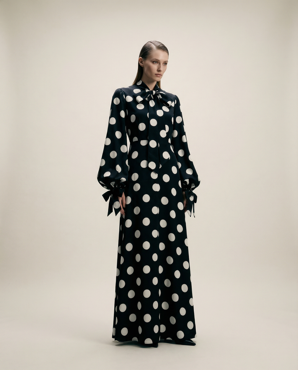 Polka-Dot Silk Maxi Dress with Pussy-Bow Neck