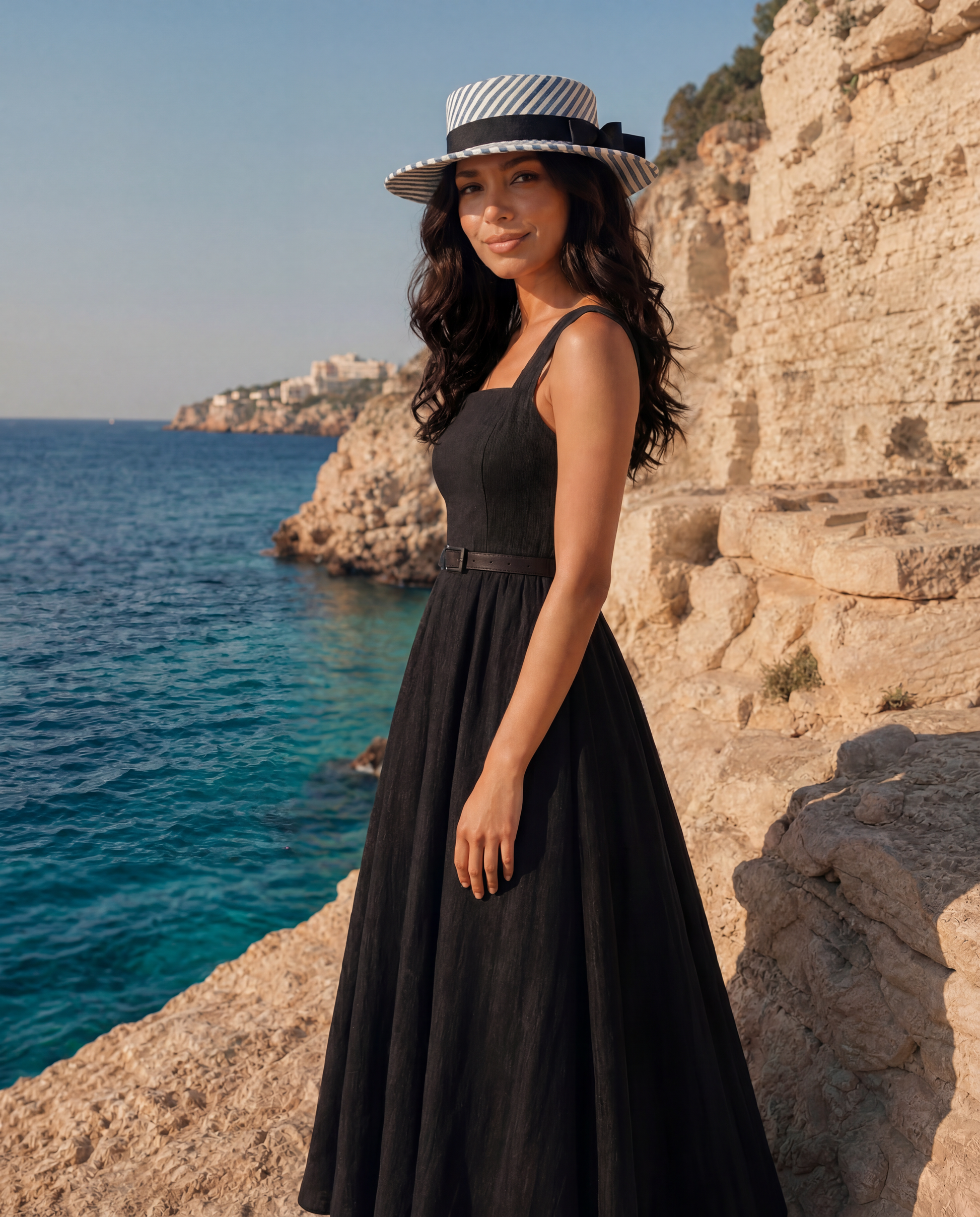 Riviera Linen Boater Hat with Silk Satin Bow Short Brim