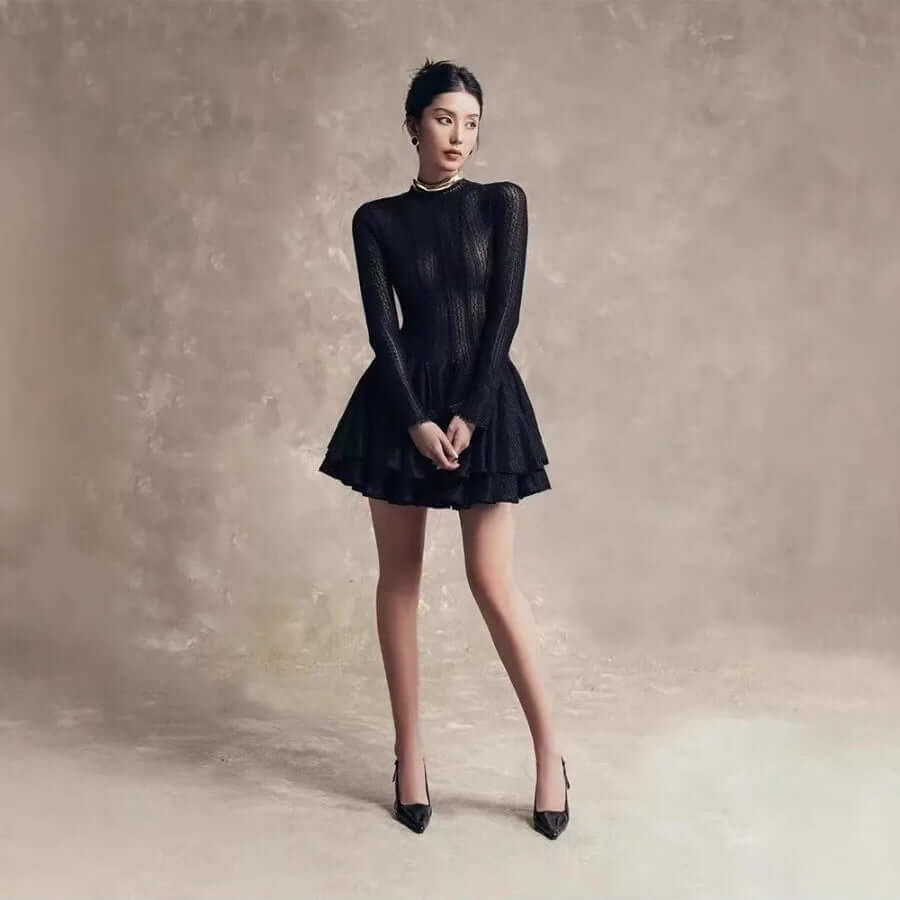 Round Neck Long Sleeve Mini Dress with Lace Trim & Full Skirt - Black