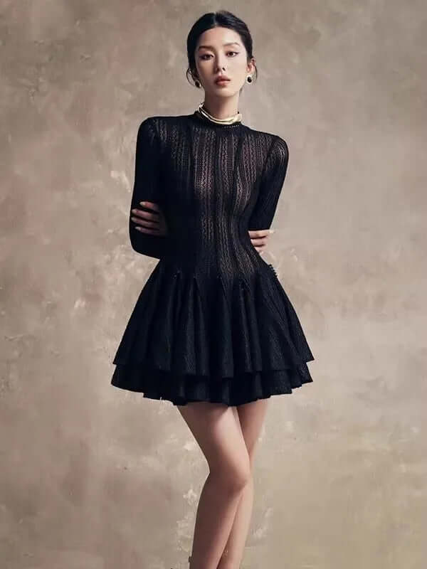 Round Neck Long Sleeve Mini Dress with Lace Trim & Full Skirt - Black