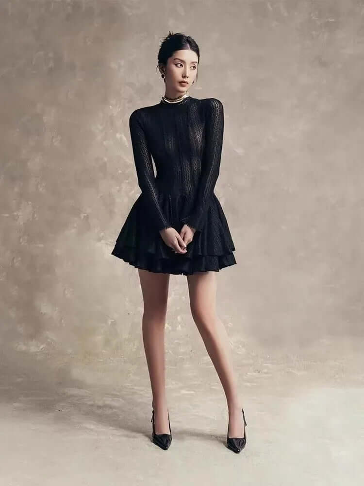 Round Neck Long Sleeve Mini Dress with Lace Trim & Full Skirt - Black