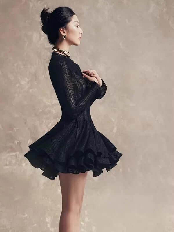 Round Neck Long Sleeve Mini Dress with Lace Trim & Full Skirt - Black