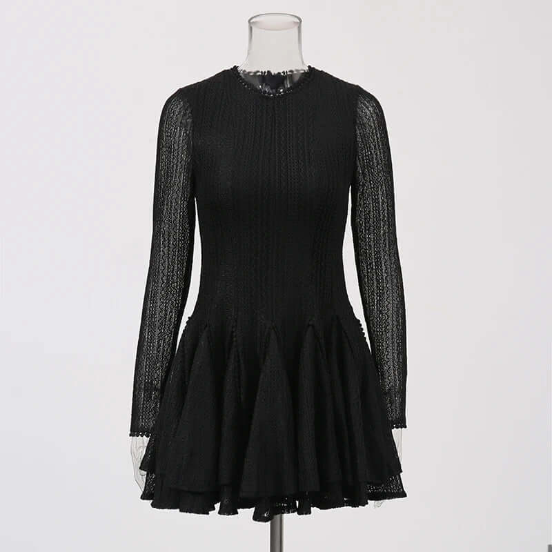Round Neck Long Sleeve Mini Dress with Lace Trim & Full Skirt - Black
