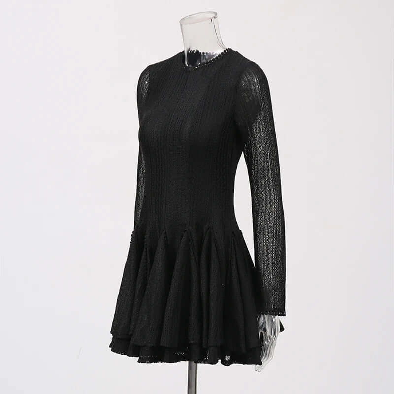 Round Neck Long Sleeve Mini Dress with Lace Trim & Full Skirt - Black
