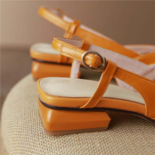 Square Toe Leather Sling Backs Flat Pumps - Orange