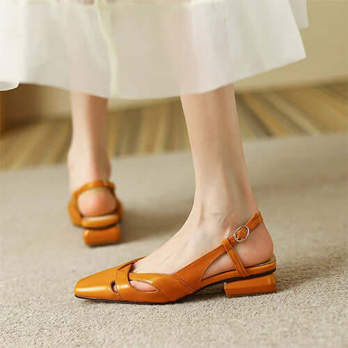 Square Toe Leather Sling Backs Flat Pumps - Orange