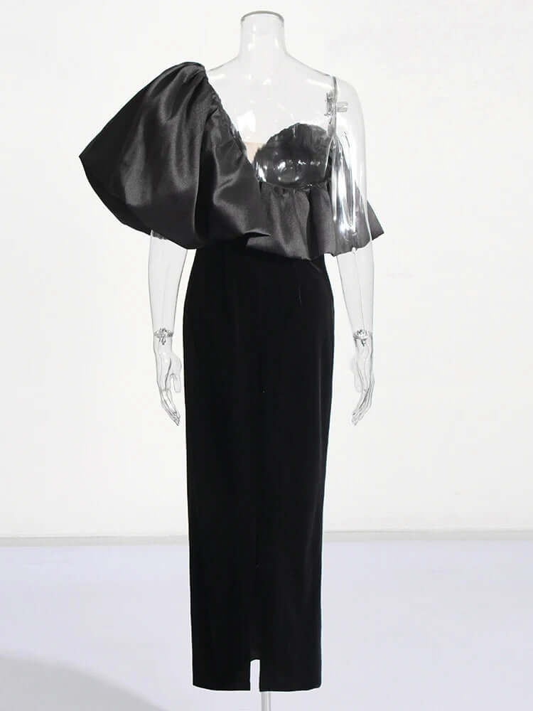 One-Shoulder Black Velvet & Satin Formal Evening Ankle Length Midaxi Gown