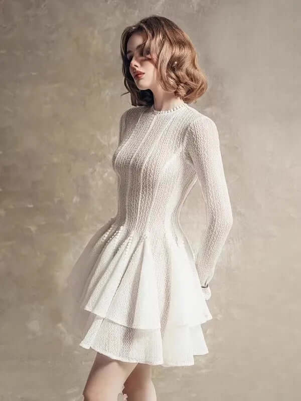 Round Neck Long Sleeve Mini Dress with Lace Trim & Full Skirt - White