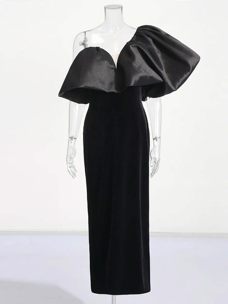 One-Shoulder Black Velvet & Satin Formal Evening Ankle Length Midaxi Gown