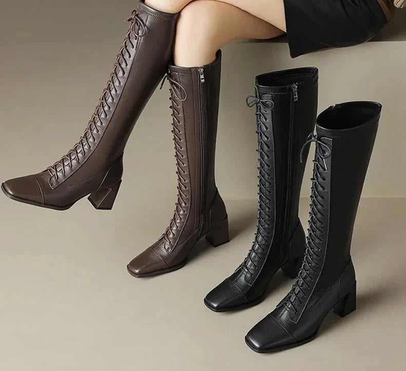 Square Toe Block Heel Knee High Leather Laceup Boots - Black