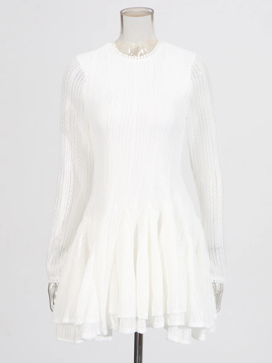 Round Neck Long Sleeve Mini Dress with Lace Trim & Full Skirt - White