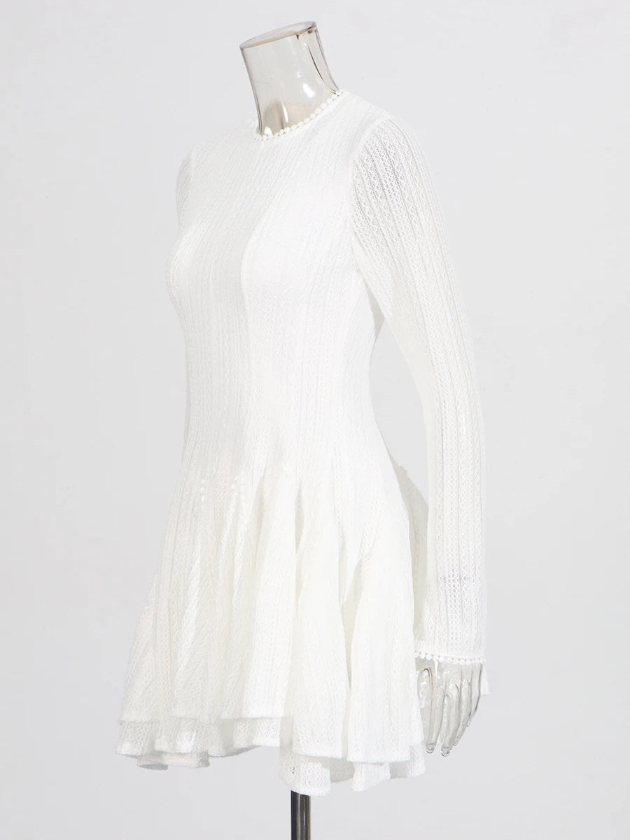 Round Neck Long Sleeve Mini Dress with Lace Trim & Full Skirt - White