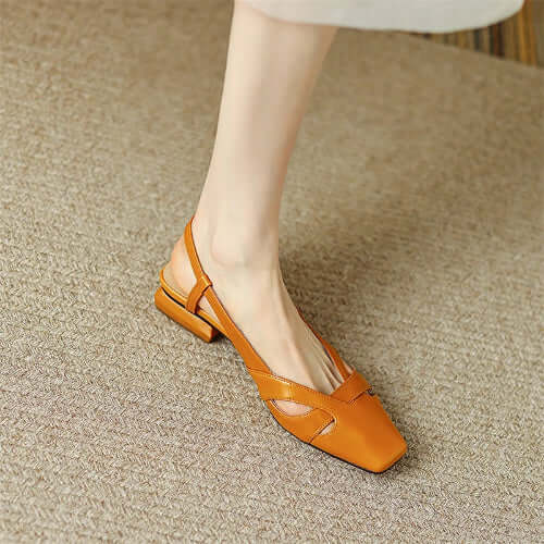Square Toe Leather Sling Backs Flat Pumps - Orange