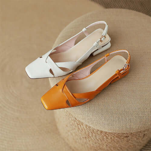 Square Toe Leather Sling Backs Flat Pumps - Orange