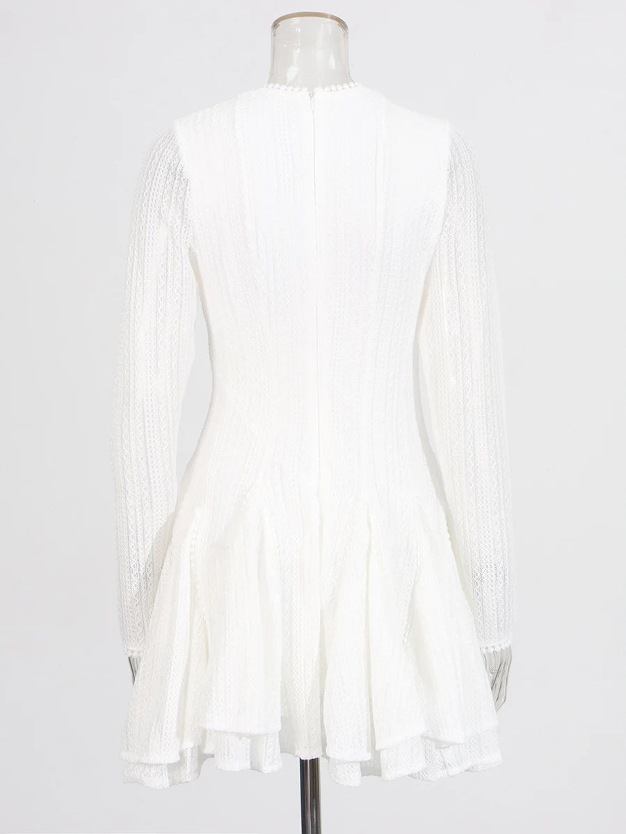 Round Neck Long Sleeve Mini Dress with Lace Trim & Full Skirt - White