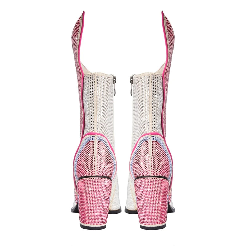 Lightning Bolt Crystal Ankle Boots in Pink & Silver | Glam Rock Statement Heels