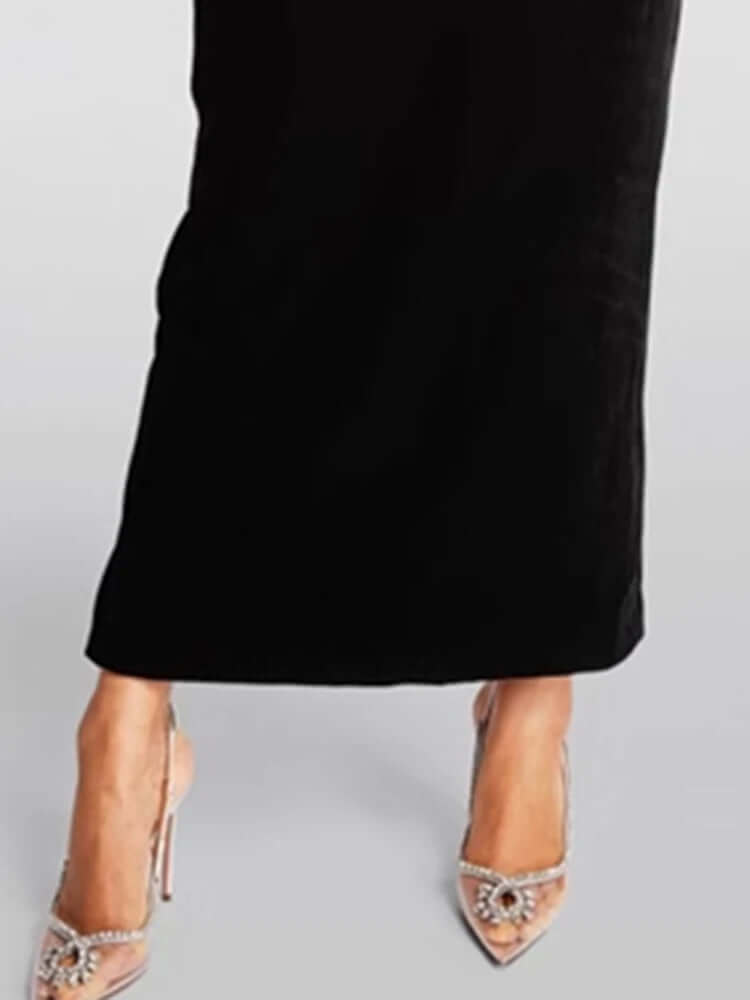 One-Shoulder Black Velvet & Satin Formal Evening Ankle Length Midaxi Gown
