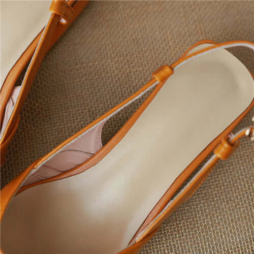 Square Toe Leather Sling Backs Flat Pumps - Orange