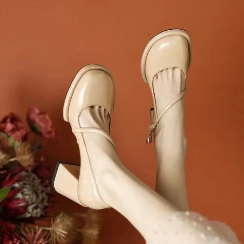 Vintage Square Toe Block Heel Mary Janes - Apricot