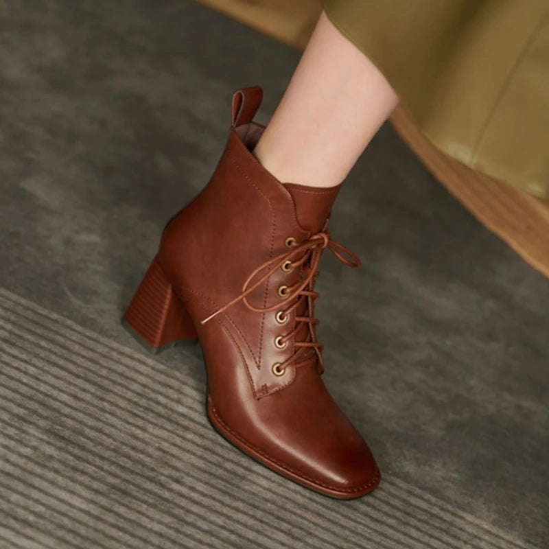 Lace-Up Leather Heeled Ankle Boots