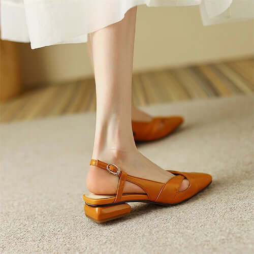 Square Toe Leather Sling Backs Flat Pumps - Orange