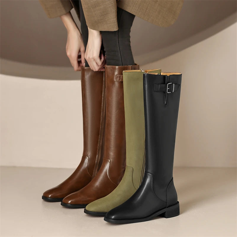 Knee High Leather Flat Equestrian Riding Boots Round Toe Side Buckle - Black