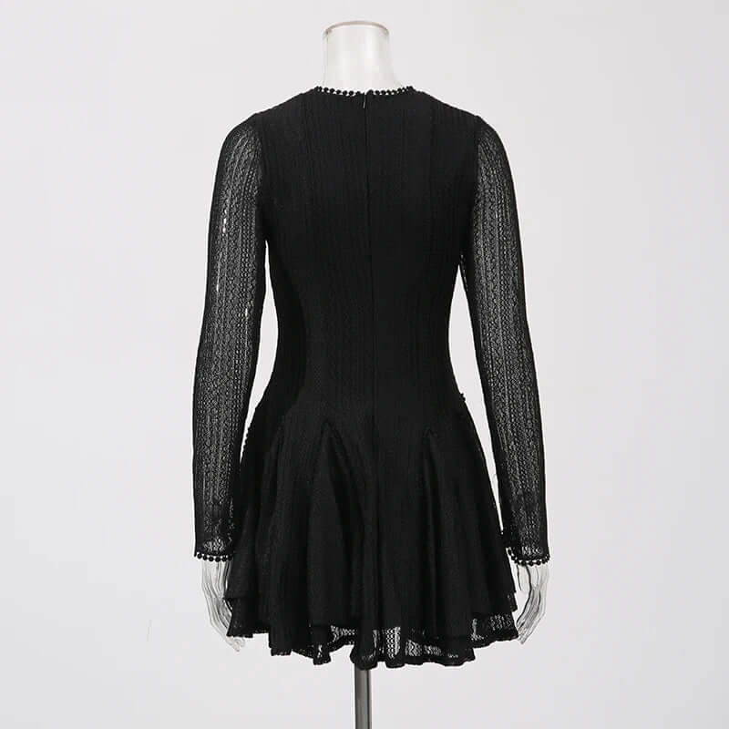 Round Neck Long Sleeve Mini Dress with Lace Trim & Full Skirt - Black