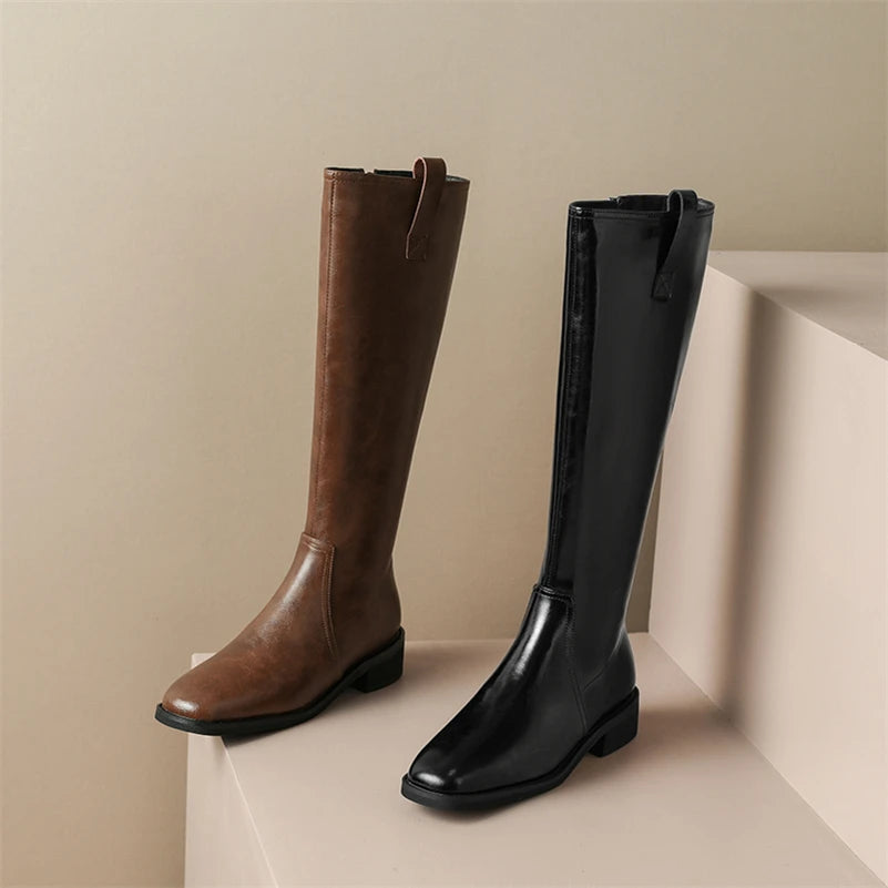 Knee High Leather Flat Equestrian Riding Boots Round Toe - Black