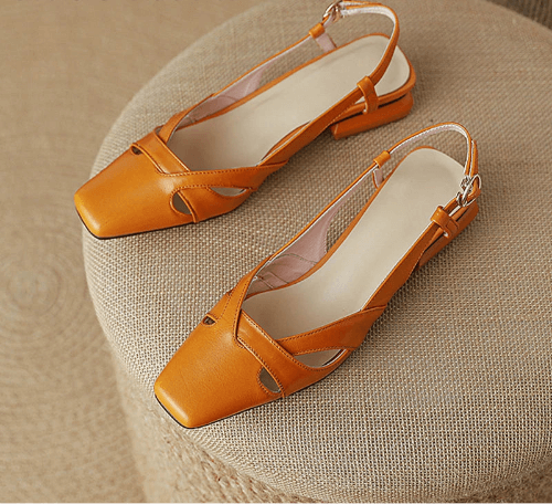 Square Toe Leather Sling Backs Flat Pumps - Orange