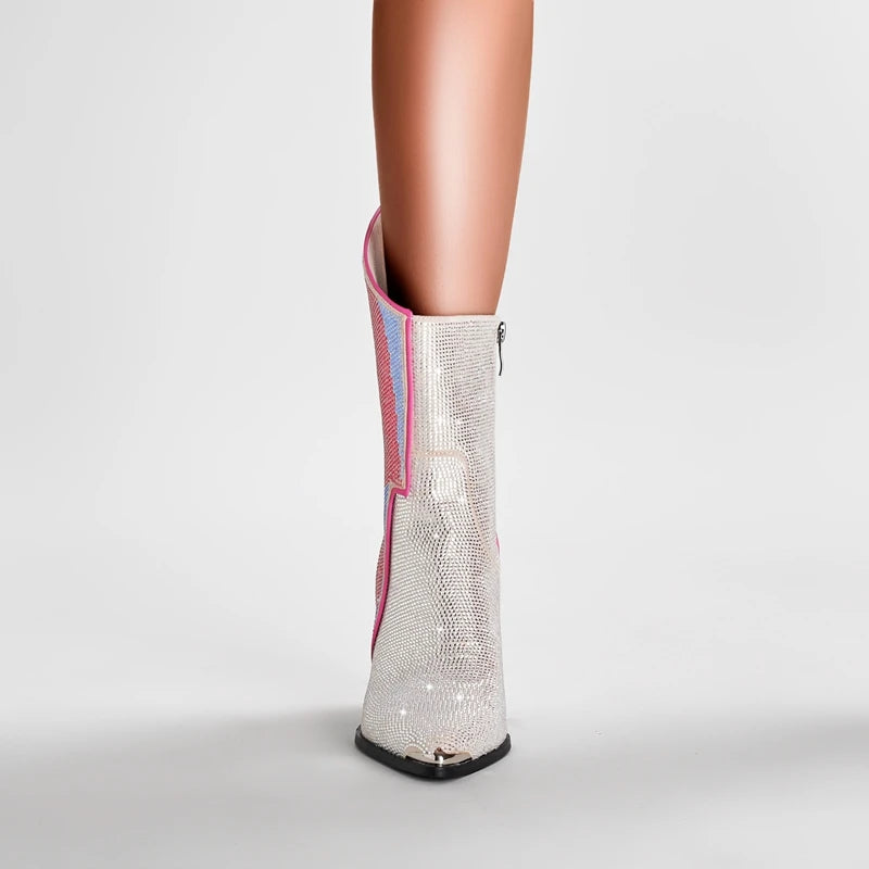 Lightning Bolt Crystal Ankle Boots in Pink & Silver | Glam Rock Statement Heels