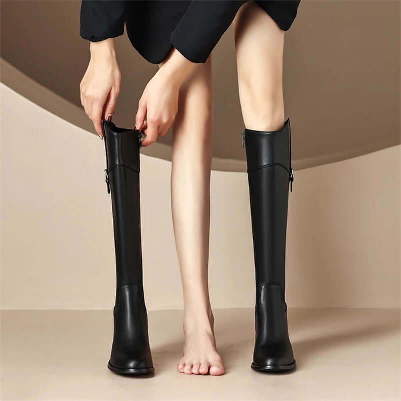Leather Knee-High Riding Boots with Round Toe Thick High Heel & Buckle Detail