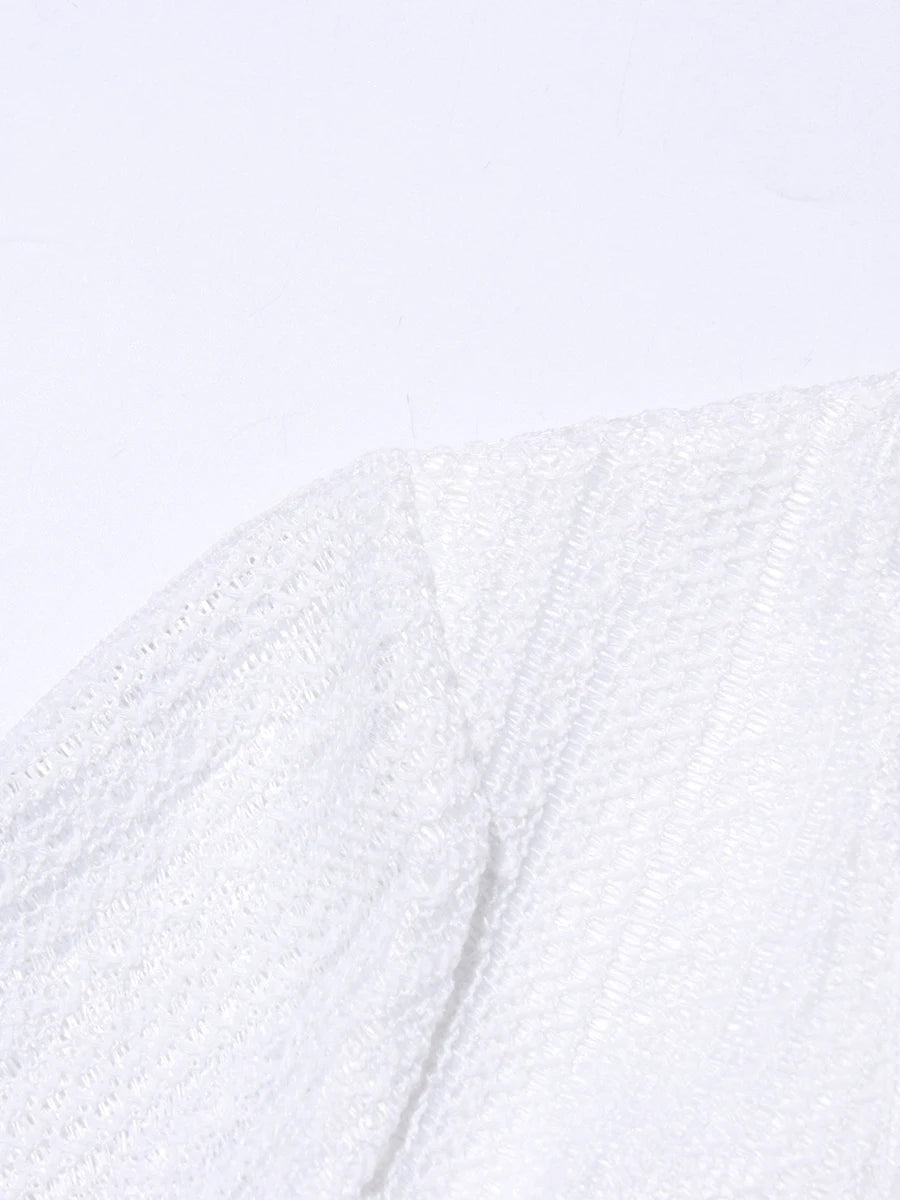 Round Neck Long Sleeve Mini Dress with Lace Trim & Full Skirt - White