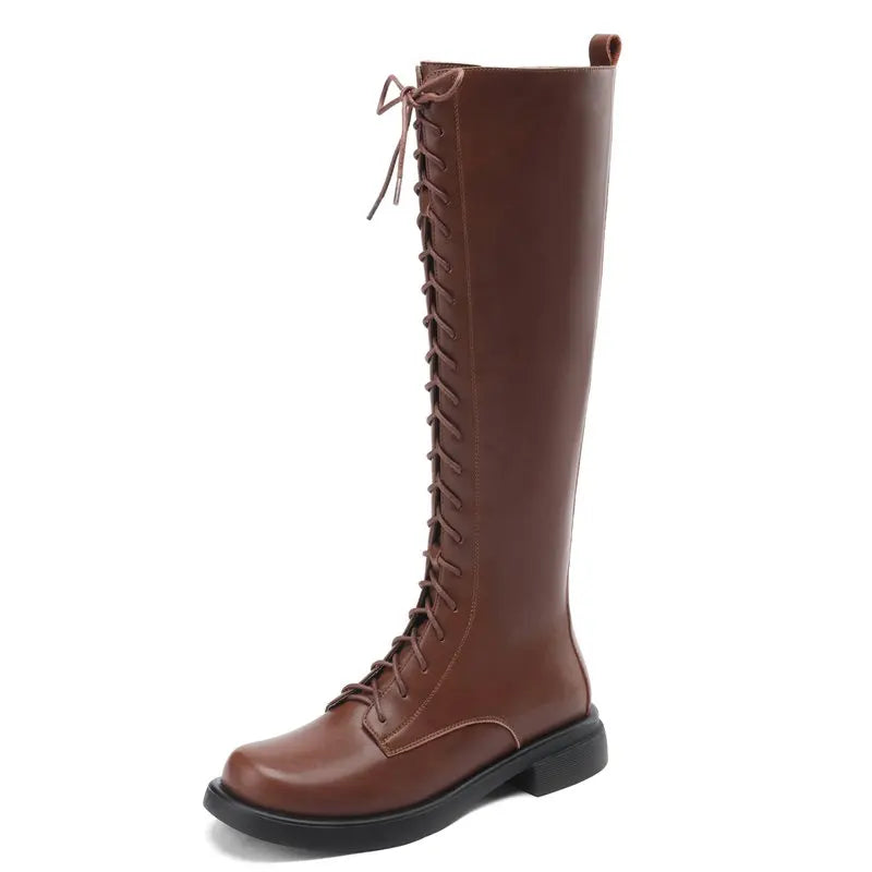 Square Toebox Knee High Riding Leather Lace Up Boots - Brown with Black Sole