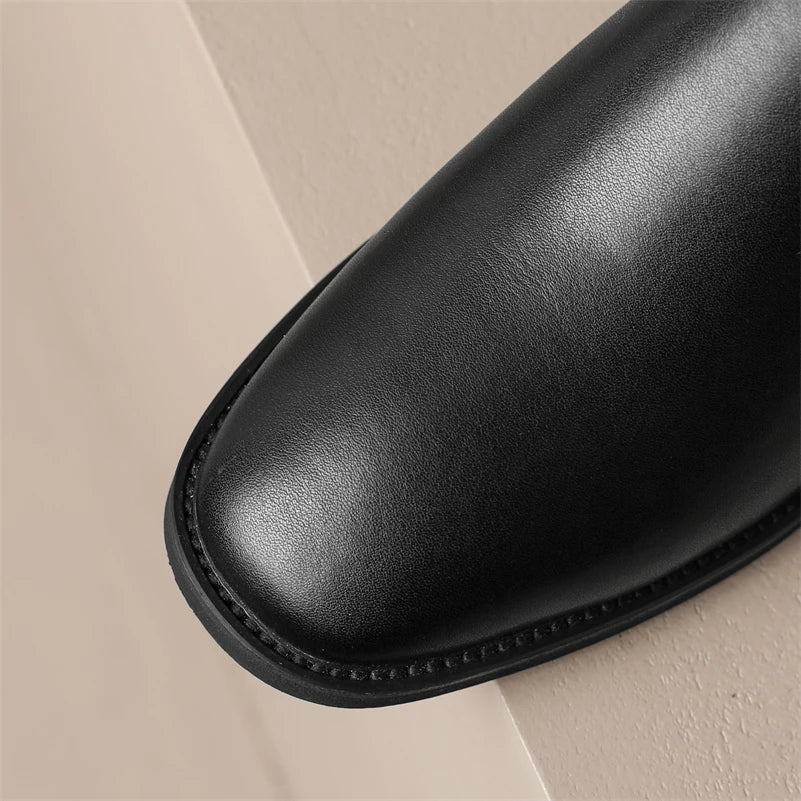 Knee High Leather Flat Equestrian Riding Boots Round Toe Side Buckle - Black