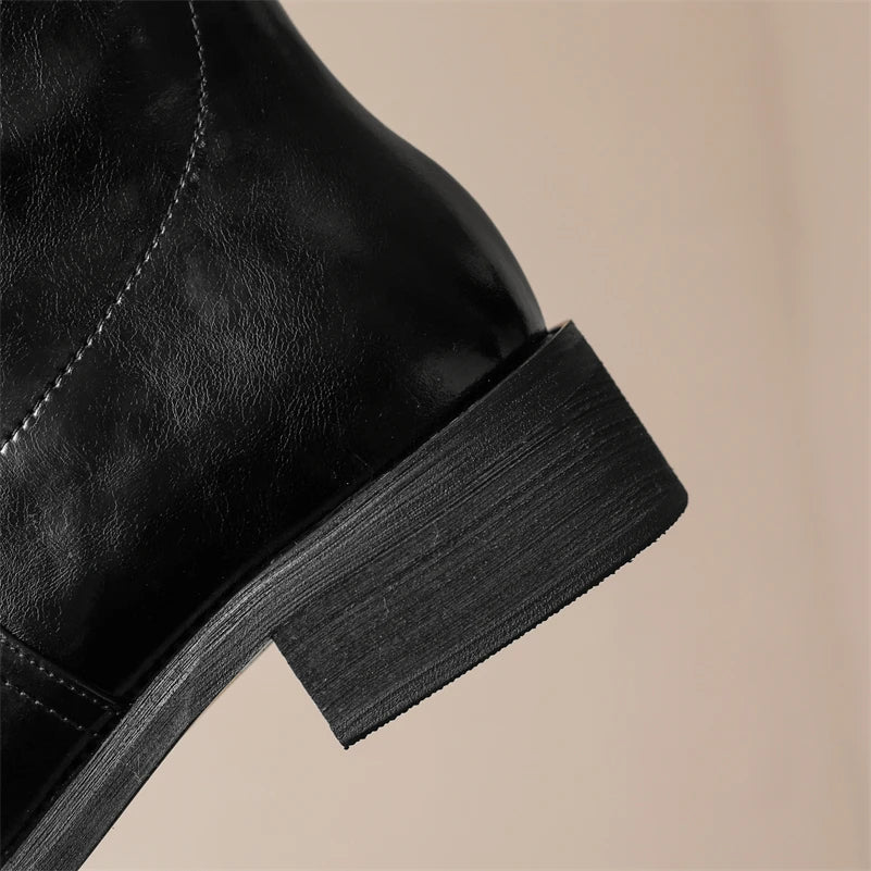 Knee High Leather Flat Equestrian Riding Boots Round Toe - Black